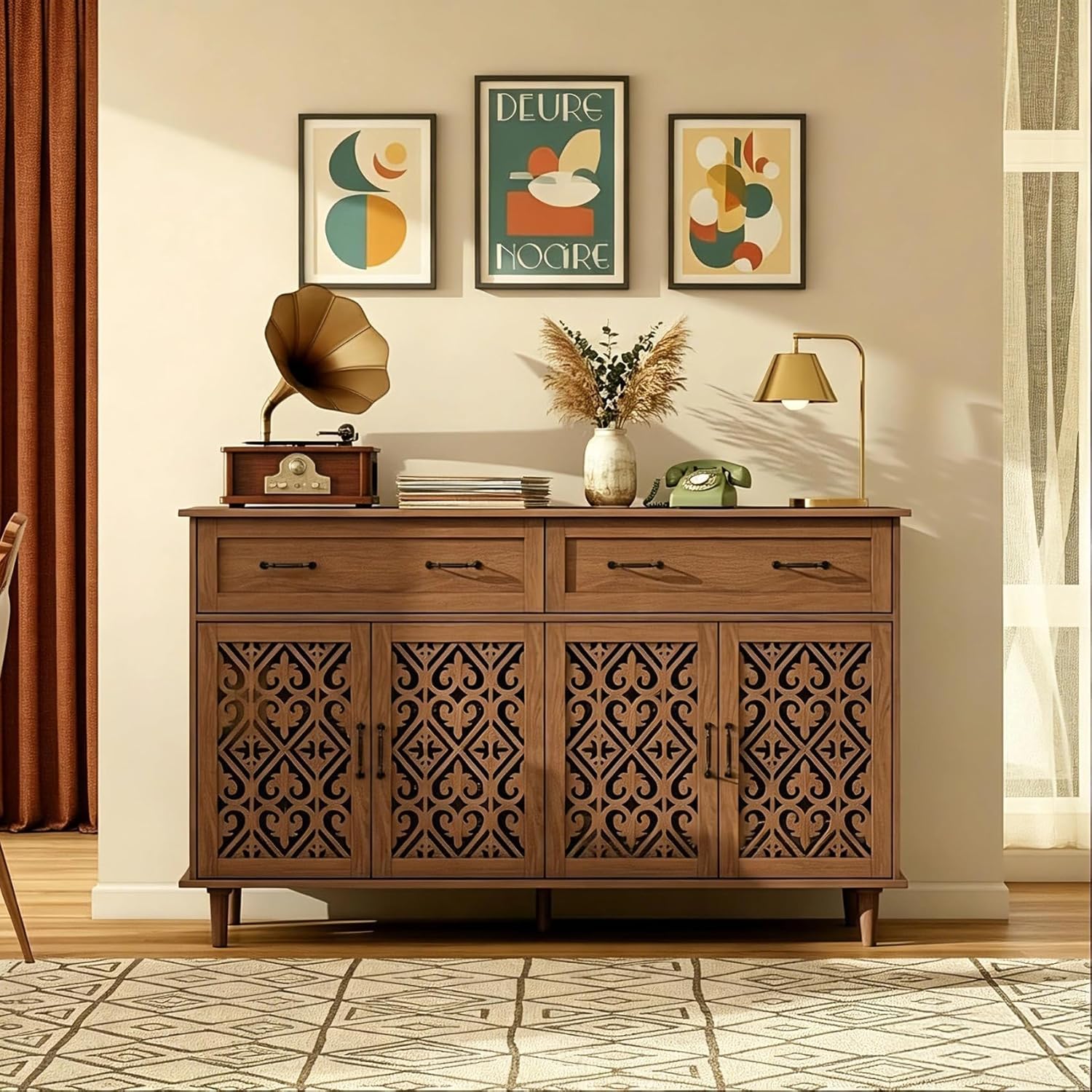 Carved Sideboard Buffet Cabinet with 4 Door and 2 Drawer, Farmhouse Kitchen Storage Cabinet with Adjustable Shelf, 59" Coffee Bar Table Credenza for Kitchen, Living Room, Walunt, 1 PCS