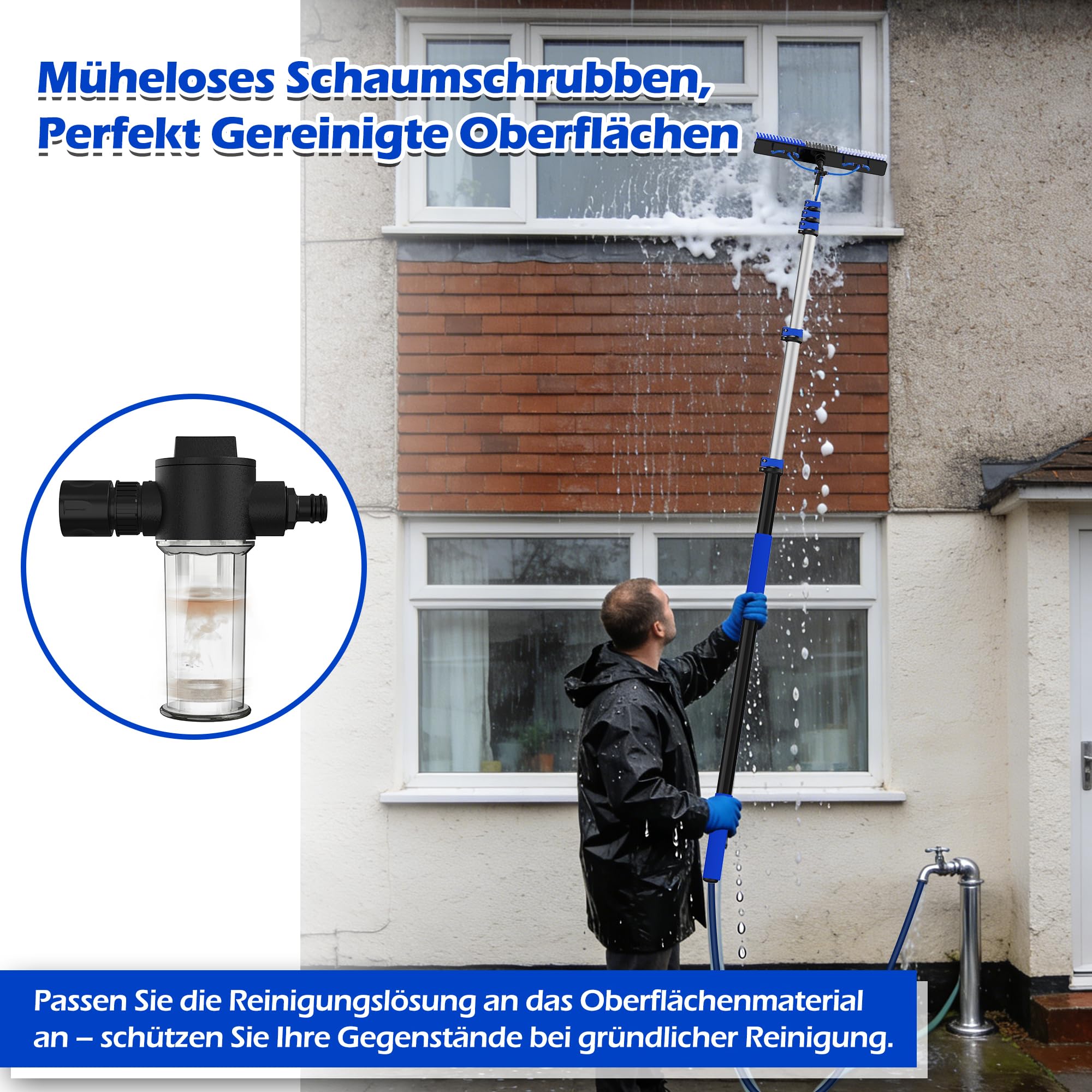 9M Reichweite Solarpanel-Reinigungsbürsten-Set, 1,5–7,2M Teleskopstange Mit Wasseranschluss & Dual-Action Verschluss, Für Schneeräumung, Fenster, Boote, Wohnmobile