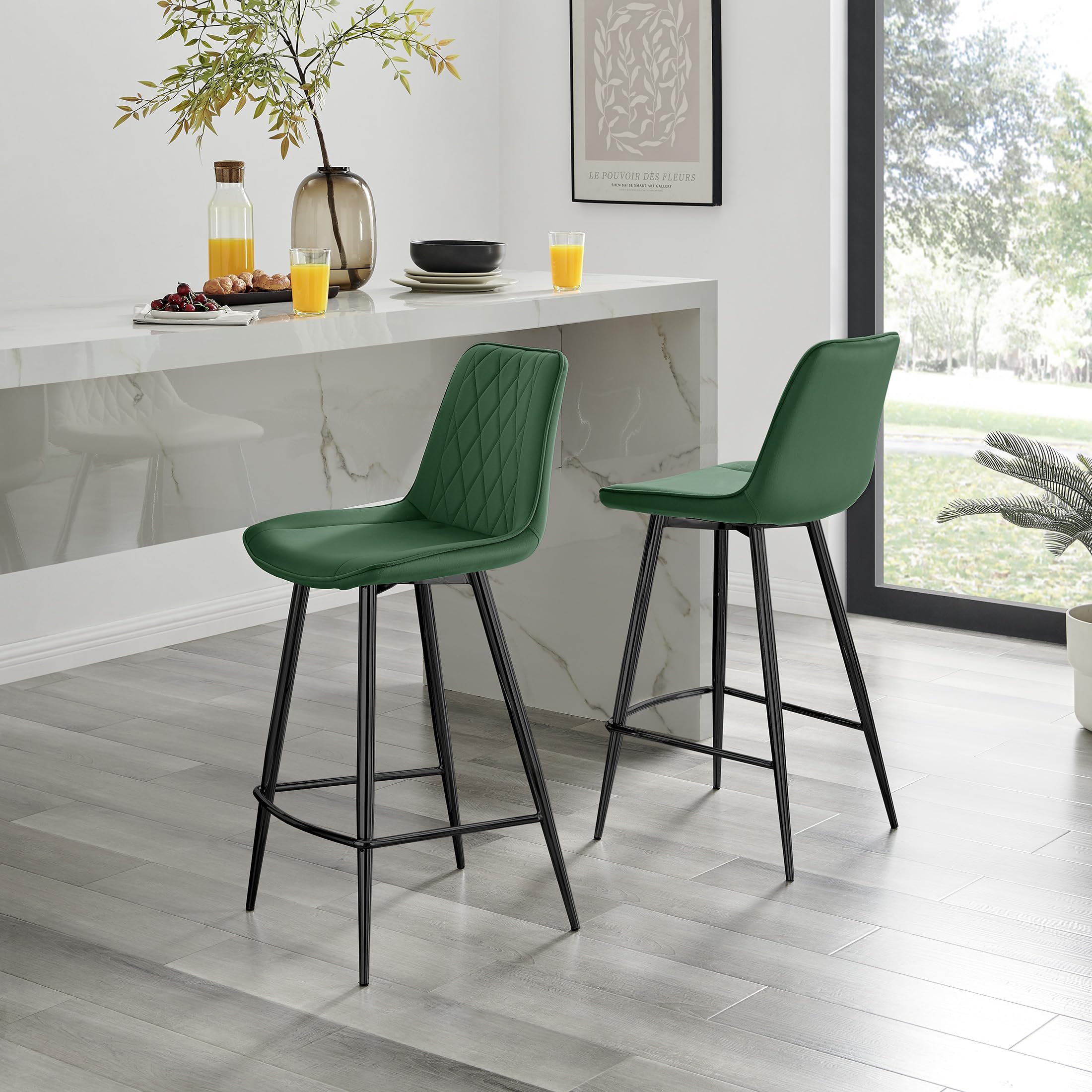 Furniturebox UK Counter Stools - Pesaro Green Velvet Upholstered Dining Chair Black Metal Legs - Modern Style Diamond Quilted Stitching To Back - Contemporary Dining Kitchen Furniture