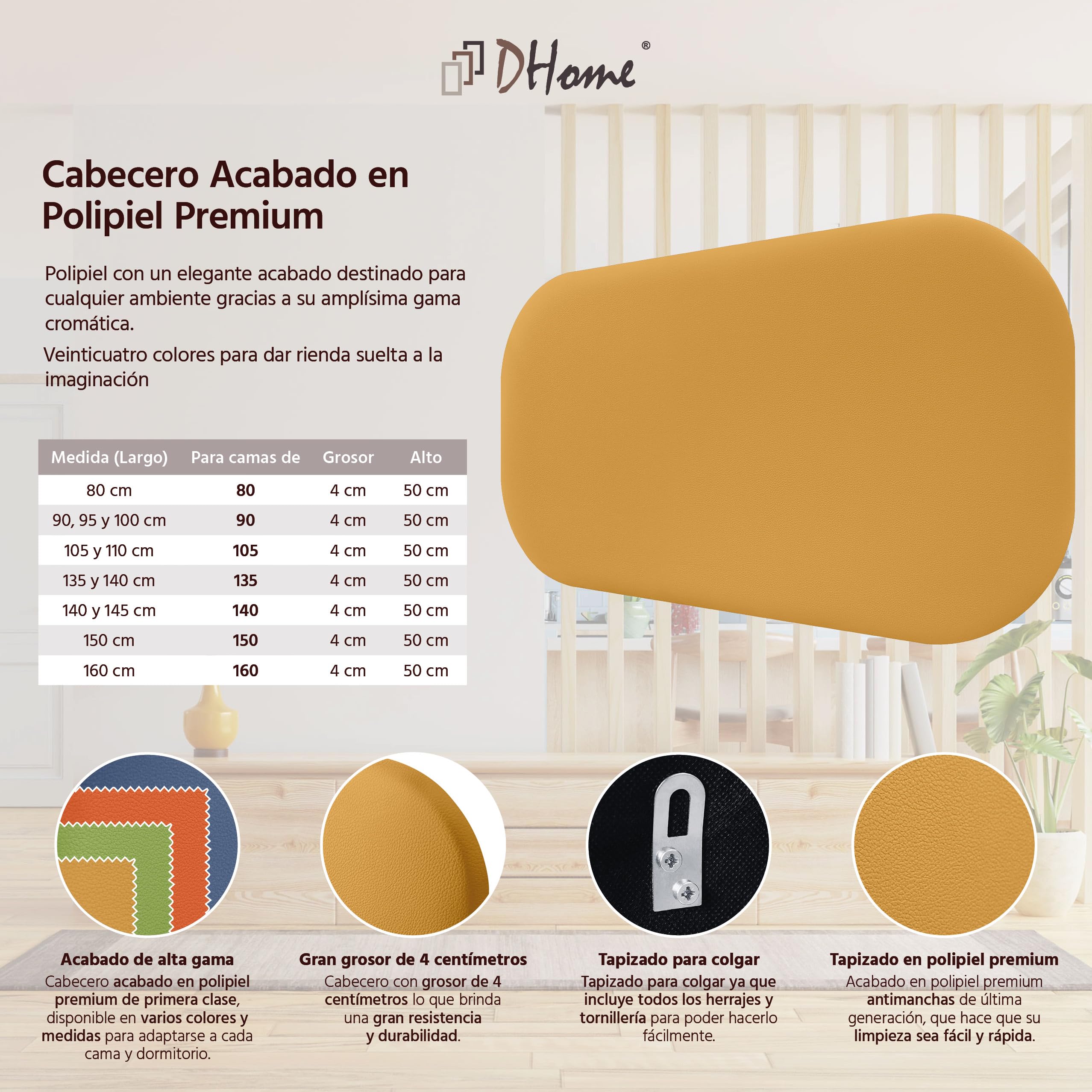 DHOME Cabecero Tapizado Curvo Liso Polipiel 50cm Altura para Pared Acústicos Cabeceros Absorbentes Cabezal Cama Dormitorio (Mostaza, 100cm)