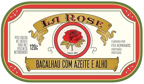 La Rose de Portugal - Bacalao en conserva gourmet con aceite de oliva y ajo - 4.23oz  120gr (paquete de 5 latas)