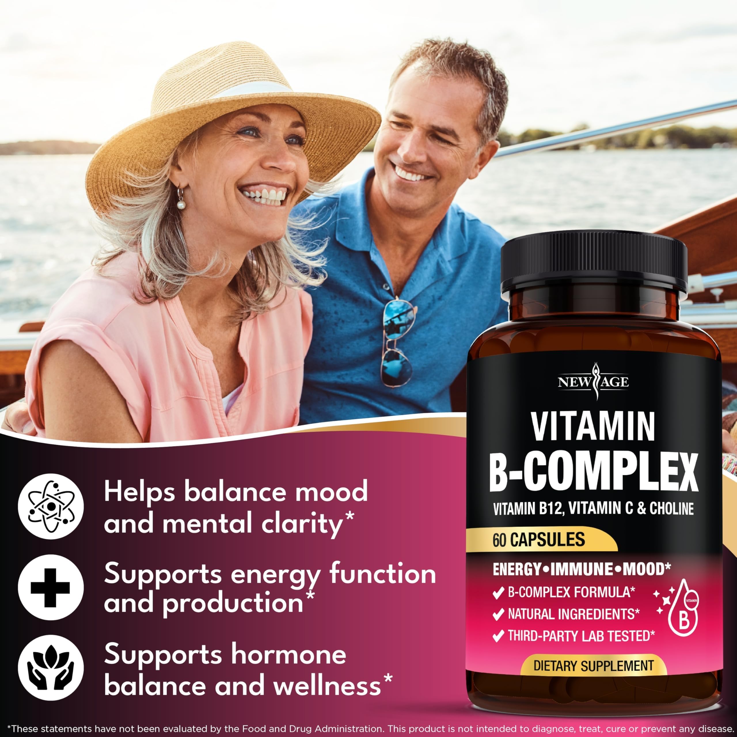 NEW AGE Vitamin B Complex for Men & Women, Made in USA, B-Complex: B1, B2, B3, B5, B6, B7, B8, B9, B12 with Vitamin C, Choline, Inositol, Energy, Brain & Heart Support, 180 Vegan Capsules — Amazon image 4