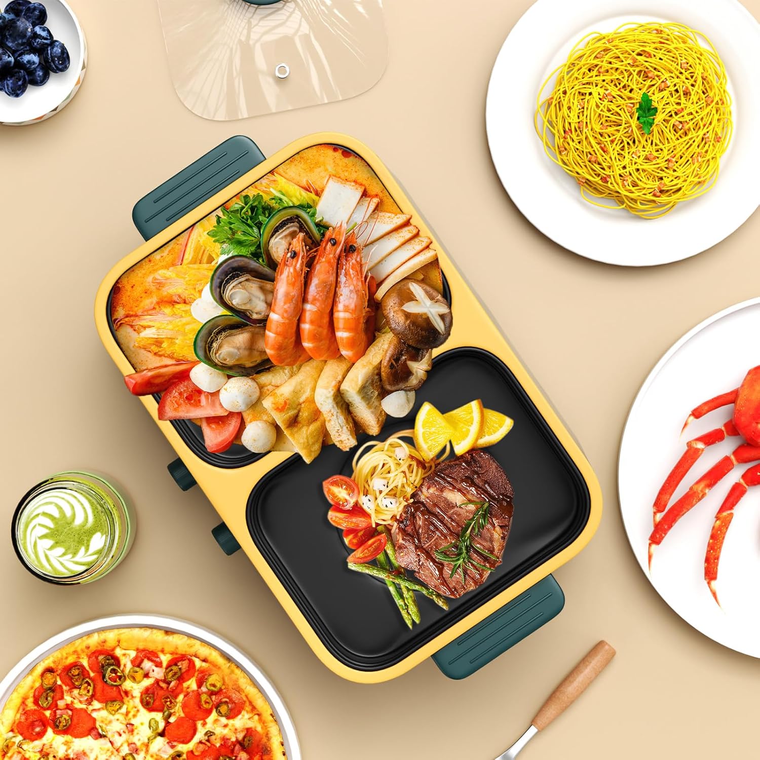 2-in-1 Electric Hot Pot and Grill Combo,1000W Dual Temper Control, Fast Heating - Indoor Cooking Appliance for BBQ, Steaks, Noodles & More - Suitable for Up to 3 People (Green T)