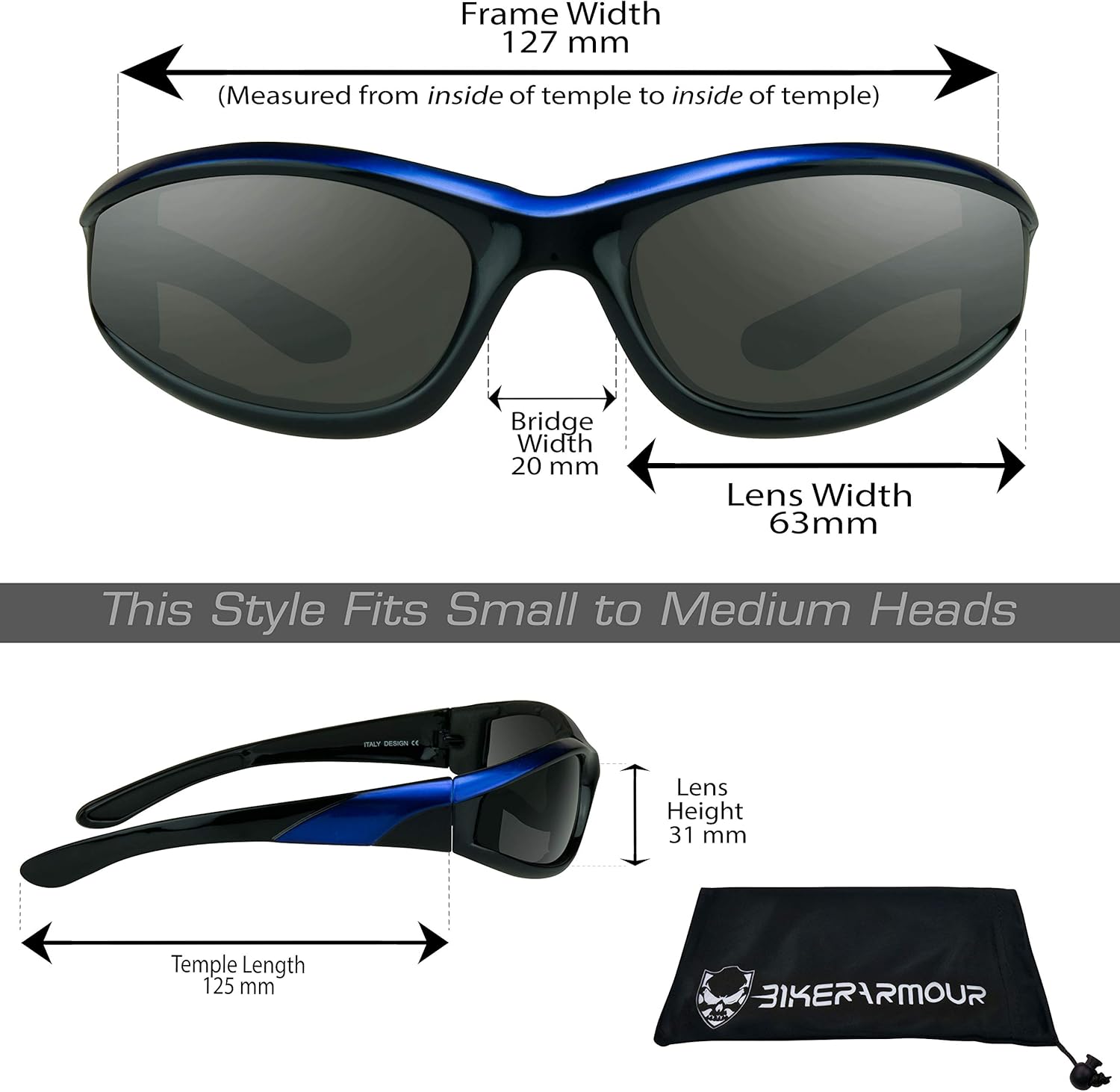 Bikershades Motorcycle Riding Sunglasses Safety 2 Pairs Black/Blue Frame Men Women Protective Foam Padded Wind Dust Proof
