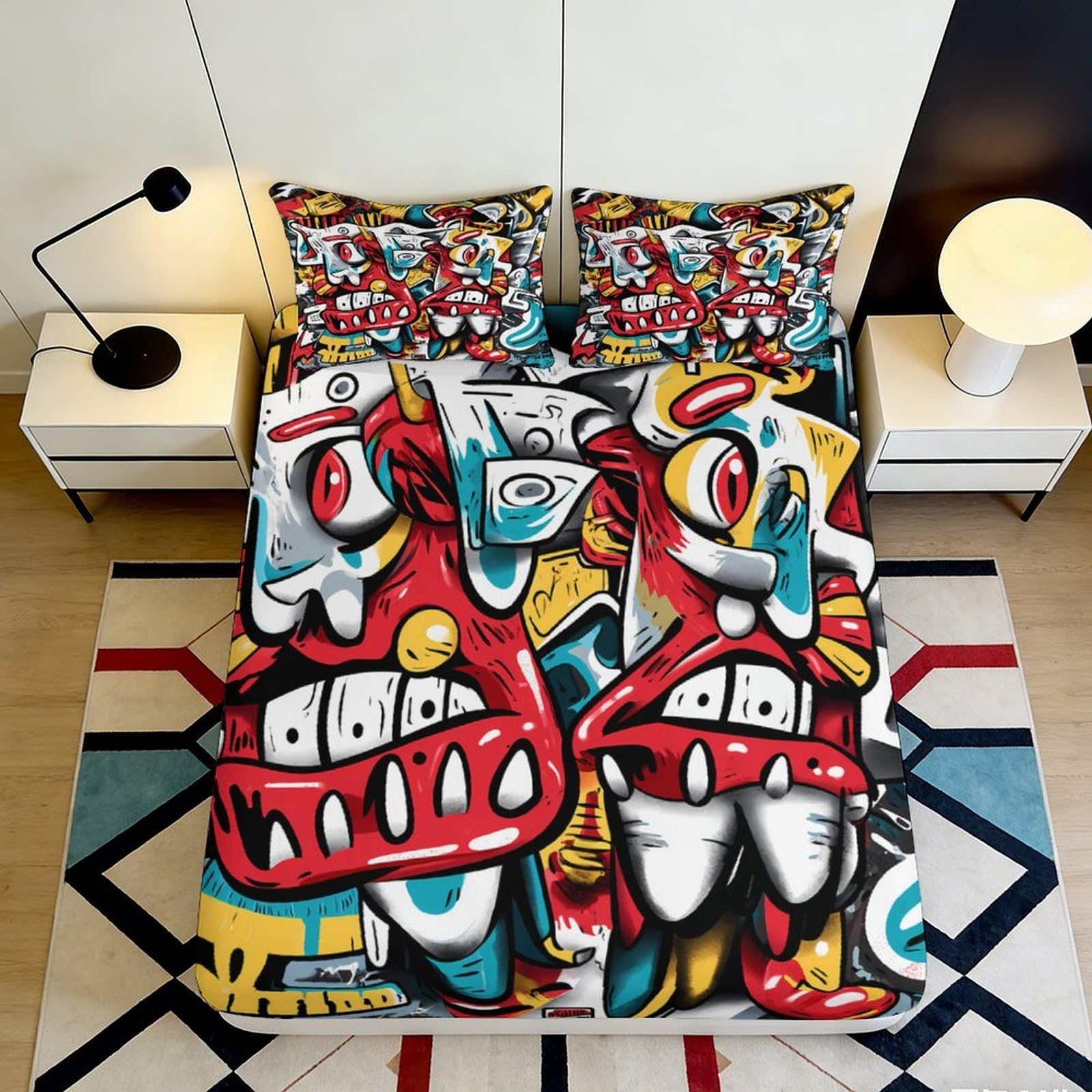 3D Printed Colorful Graffiti Fitted Sheet Microfiber Durable Vibrant Urban Art Mattress Cover for Bedroom Dormitory Guest Room Bed Protection 120x200x25cm