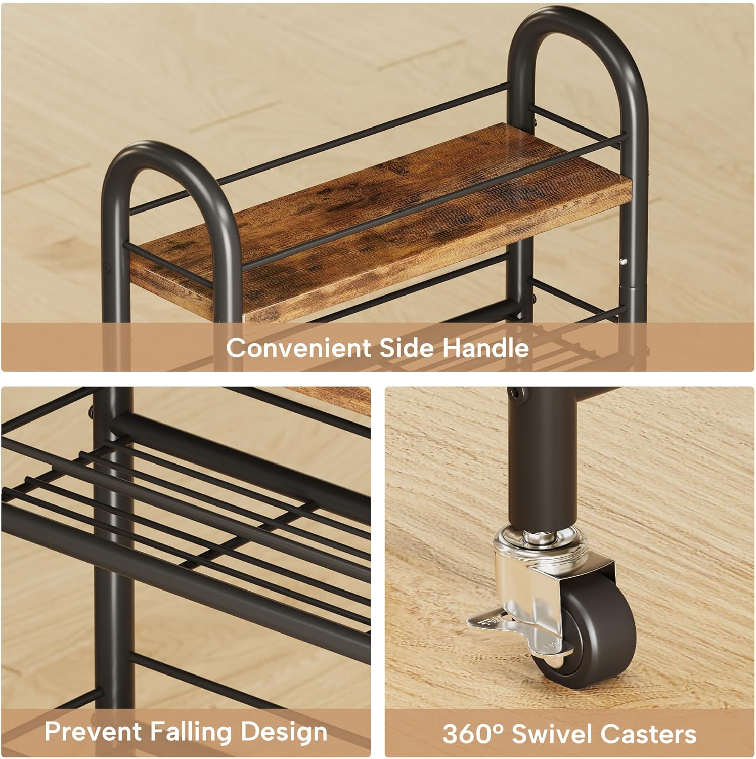 Slim Rolling Storage Cart, 5 Tier Narrow Utility Cart with Metal Frame and Wooden Top, Bathroom Storage Organizer Shelving Unit for Kitchen, Dining Room, Living Room,Home Office,Rustic Brown and Black