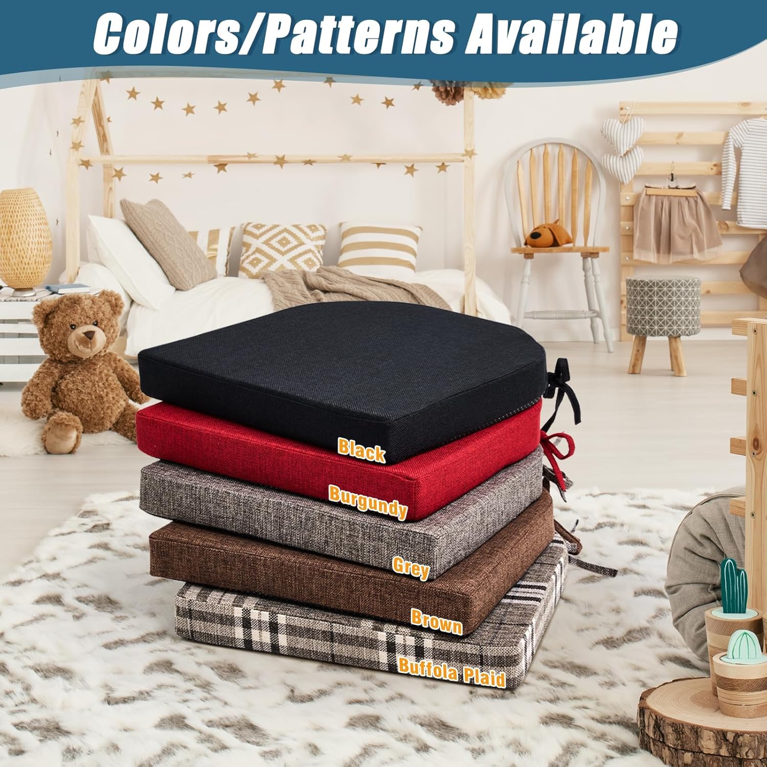 Chair Cushions for Dining Chairs 4 Pack, Foam Chair Cushion with Ties and Non Slip Backing, 16 x 16 inches Black Chair Pads for Dining Chairs