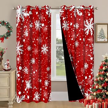 Red Christmas Blackout Curtains for Bedroom Living Room 84 inch Length 2 Panels Set, Xmas Snowflake Room Darkening Curtains Snow Winter Thermal Insulated Curtains Window Drapes 52Wx84L