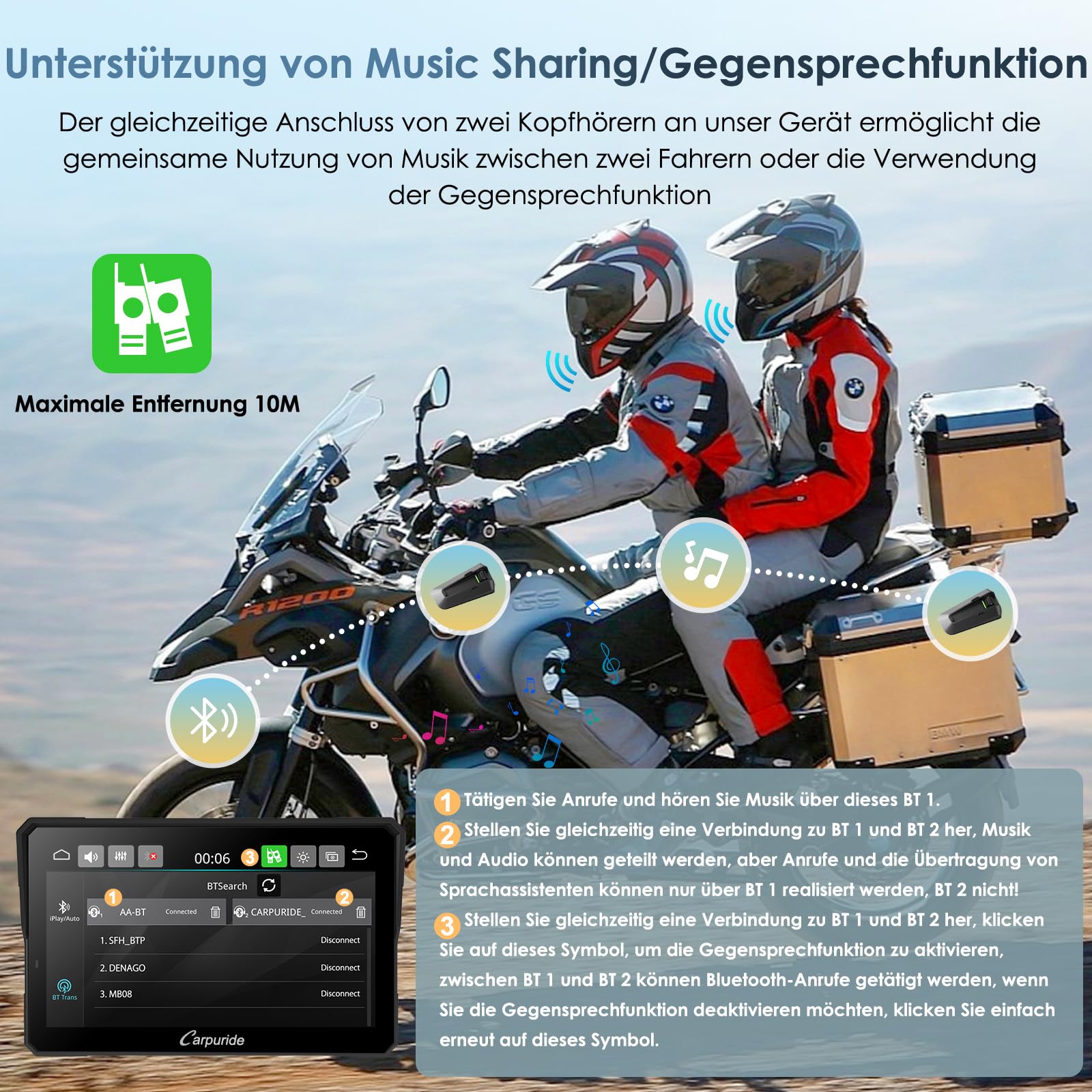 Carpuride W702T Pro Motorrad Carplay Bildschirm mit TPMS System, Kabellos CarPlay & Android Auto, Tragbar 7" Wasserdicht Touchscreen, Dual Bluetooth, Gegensprechfunktion, Navi, Kompass, Barometer.
