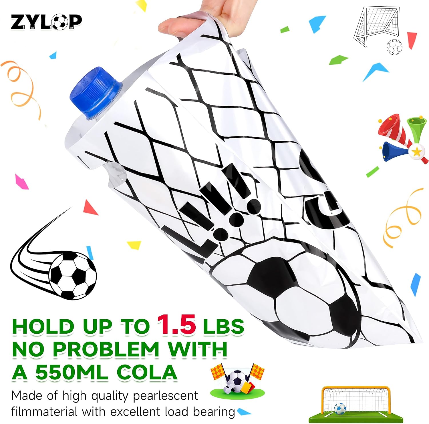 Bulk 100 Pack Soccer Party Favor Bags - Plastic Football Goodie Bags with Handles, Mega Value Set Sports Theme Treat Bags for Teams, School Events, Tournament Snacks, 6.5" x 9.8" (Black & White) image 4