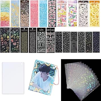 6 Kpop Photocard Holder Keychain Toploaders,50 Holographic Card Sleeves for Trading Cards Kpop Photocard,22 Ribbon Heart Bubble Deco Korean Stickers for Photocards Binder