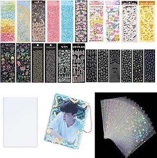6 Kpop Photocard Holder Keychain Toploaders,50 Holographic Card Sleeves for Trading Cards Kpop Photocard,22 Ribbon Heart Bubble Deco Korean Stickers for Photocards Binder