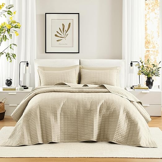 Comfort Spaces Ivory Oversized King Quilt Set 120"x118" Bedspread Quilted Summer Lightweight Microfiber Bedding Coverlet with Double Sided Stitching Soft All Season Cozy 3 Piece with Matching Shams