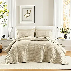 Comfort Spaces Ivory Oversized King Quilt Set 120"x118" Bedspread Quilted Summer Lightweight Microfiber Bedding Coverlet with Double Sided Stitching Soft All Season Cozy 3 Piece with Matching Shams