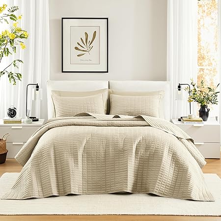 Comfort Spaces Ivory Oversized King Quilt Set 120"x118" Bedspread Quilted Summer Lightweight Microfiber Bedding Coverlet with Double Sided Stitching Soft All Season Cozy 3 Piece with Matching Shams