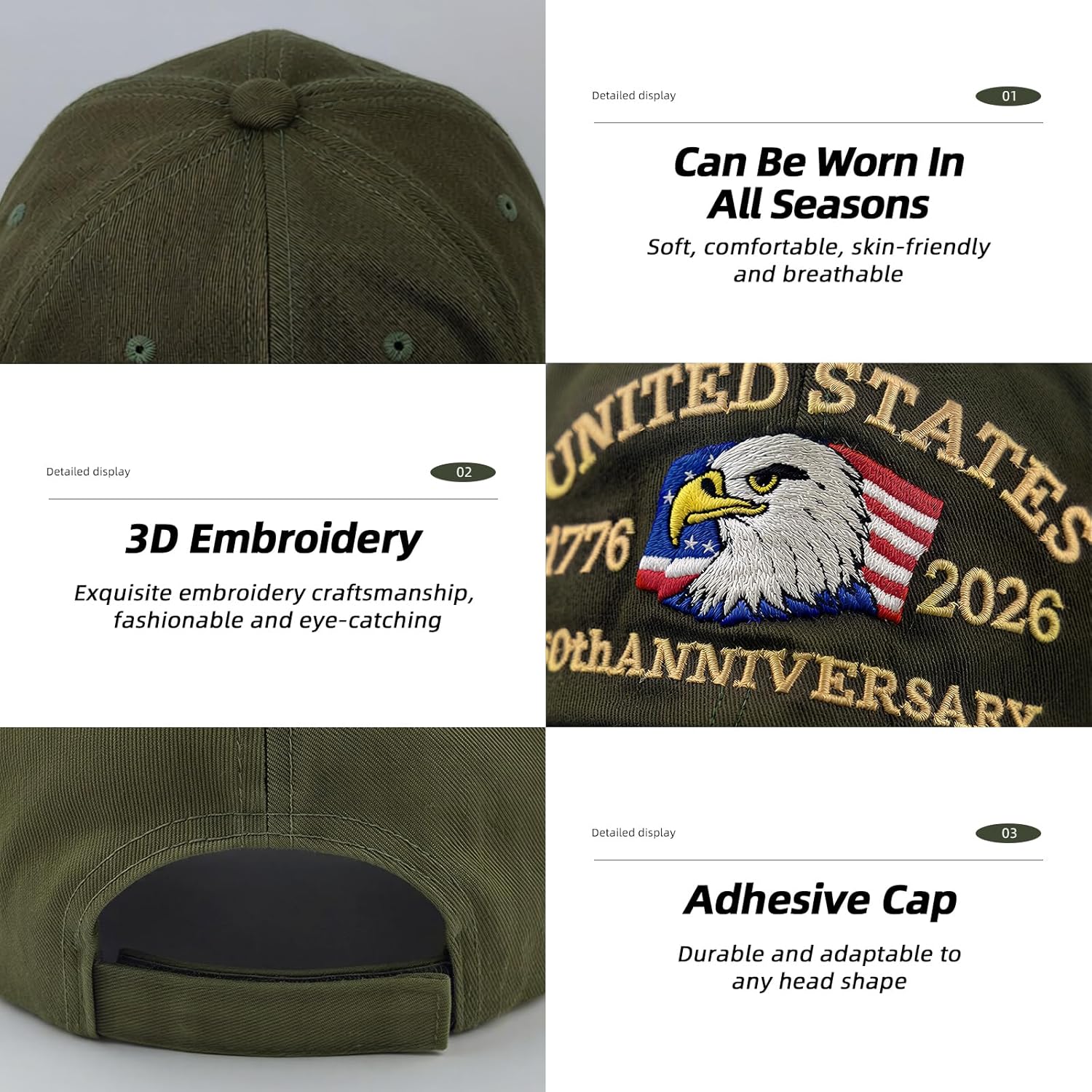 250 Anniversary USA Hat - United States 250th Anniversary Hat 1776-2026, Patriotic Eagle Adjustable Cotton Cap Gift for Men - Image 4