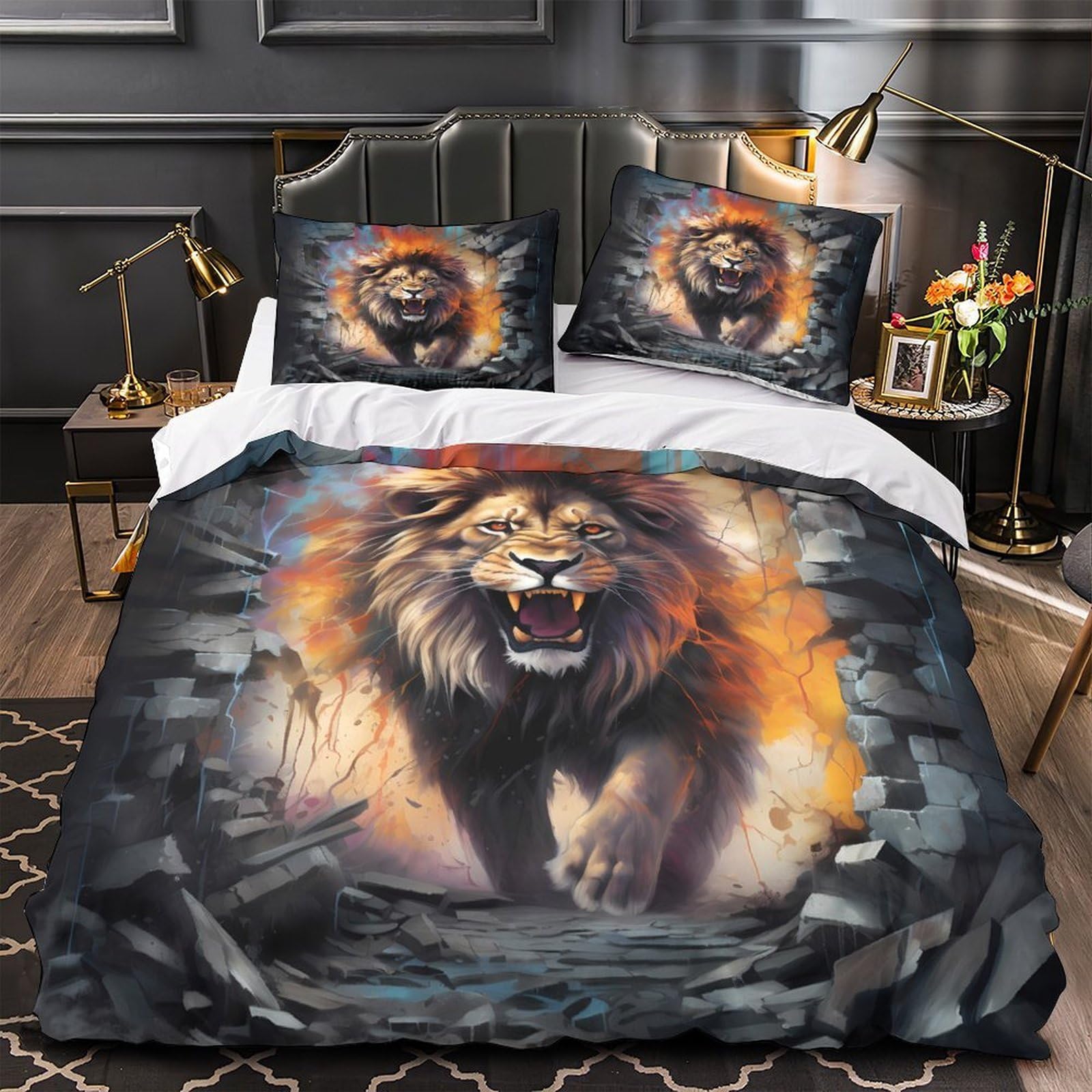 Housse de couette lion 3D King 220x240 cm avec 2 taies d'oreiller