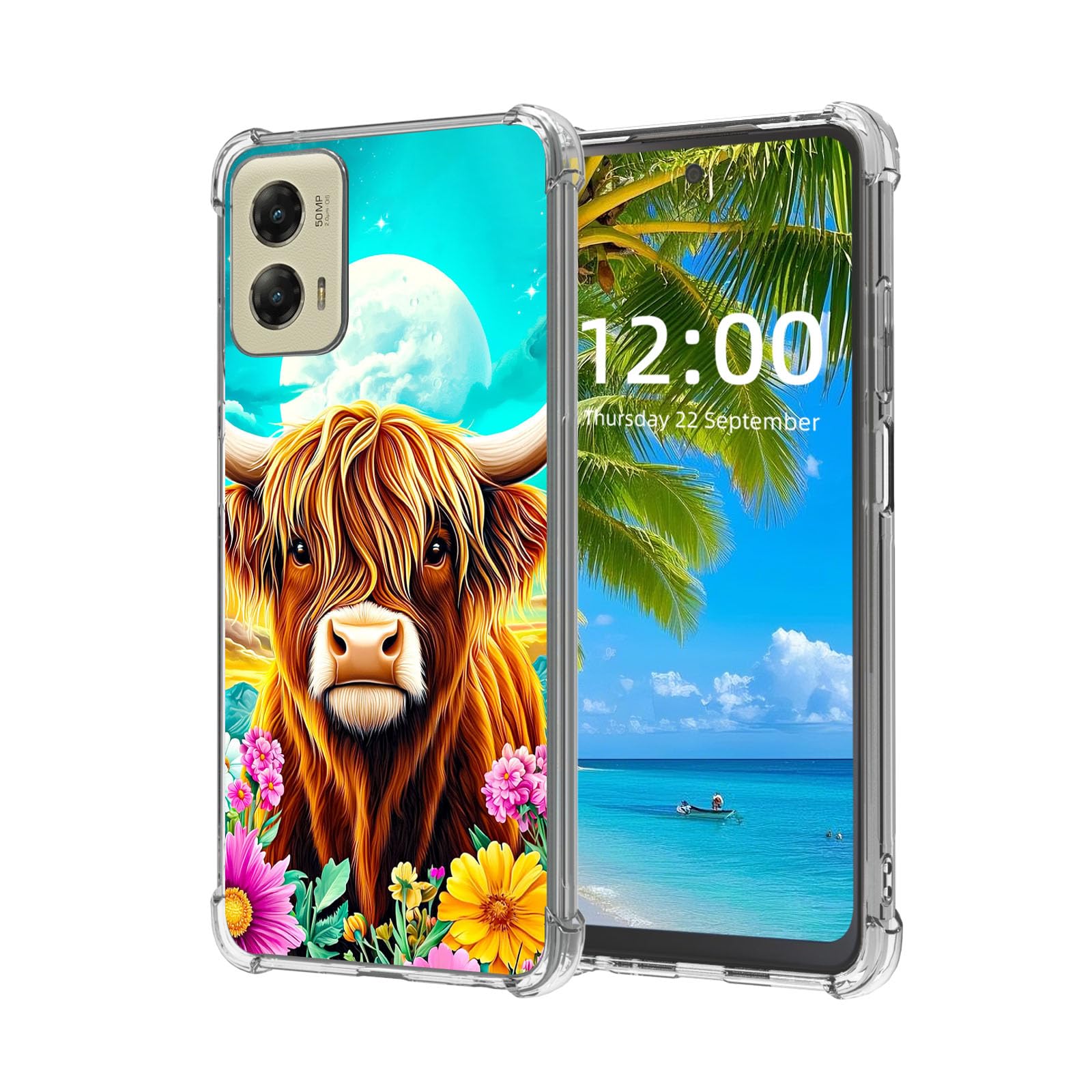 ETLKJVBL for Motorola Moto G Stylus 5G 2024 Case, Cute Highland Cow Flowers High-Definition Painted Back Cover with Soft Transparent TPU Bumper,