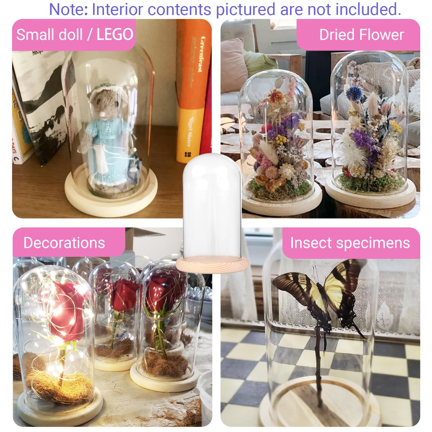 IVOLADOR I Glass Cloche Dome, Glass Display Cloche Case with Solid Wooden Base for Plants, 7" x 4" Medals Display, Antique Collectibles, Large Size Office Home Decoration( Base)