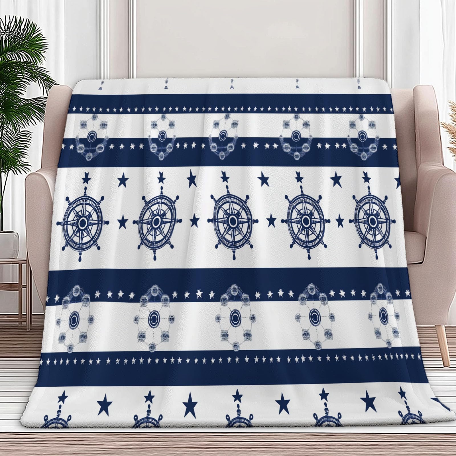 Flanelowy koc paski żeglarskie Symbole morskie 150 x 200 cm Koce polarowe z mikrofibry na wszystkie pory roku na podróż Sofa do podróży Łóżko Sofa Dzieci Dorośli, Biały
