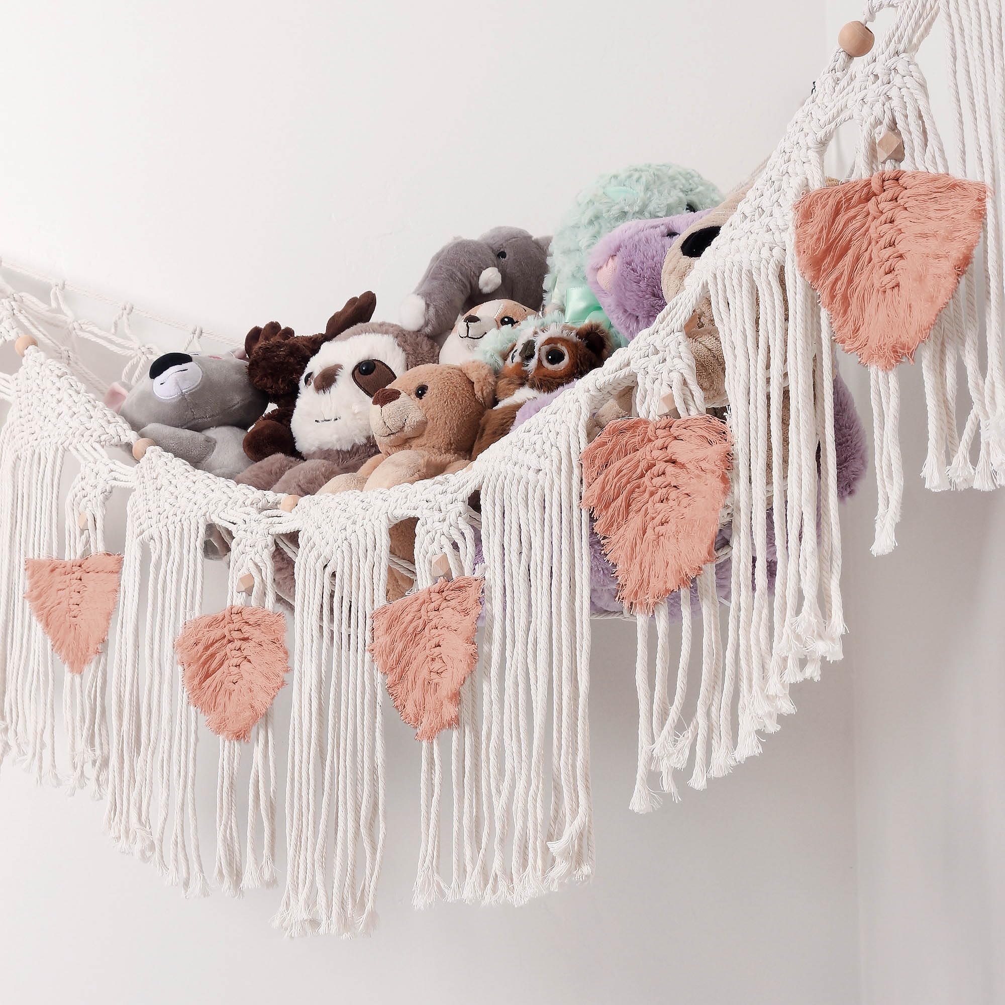 MorxyStuffed Animal Net or Hammock - Boho Macrame Toy Hammock for Stuffed Animals - Strong Hand Woven Stuffed Animal Hammock - Easy to Install Toy Net Hammock for Stuffed Animals -Large Pink