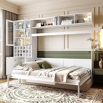 Murphy Bed Wall Bed with Sofa, Shelves, USB & Light, Full Size, White