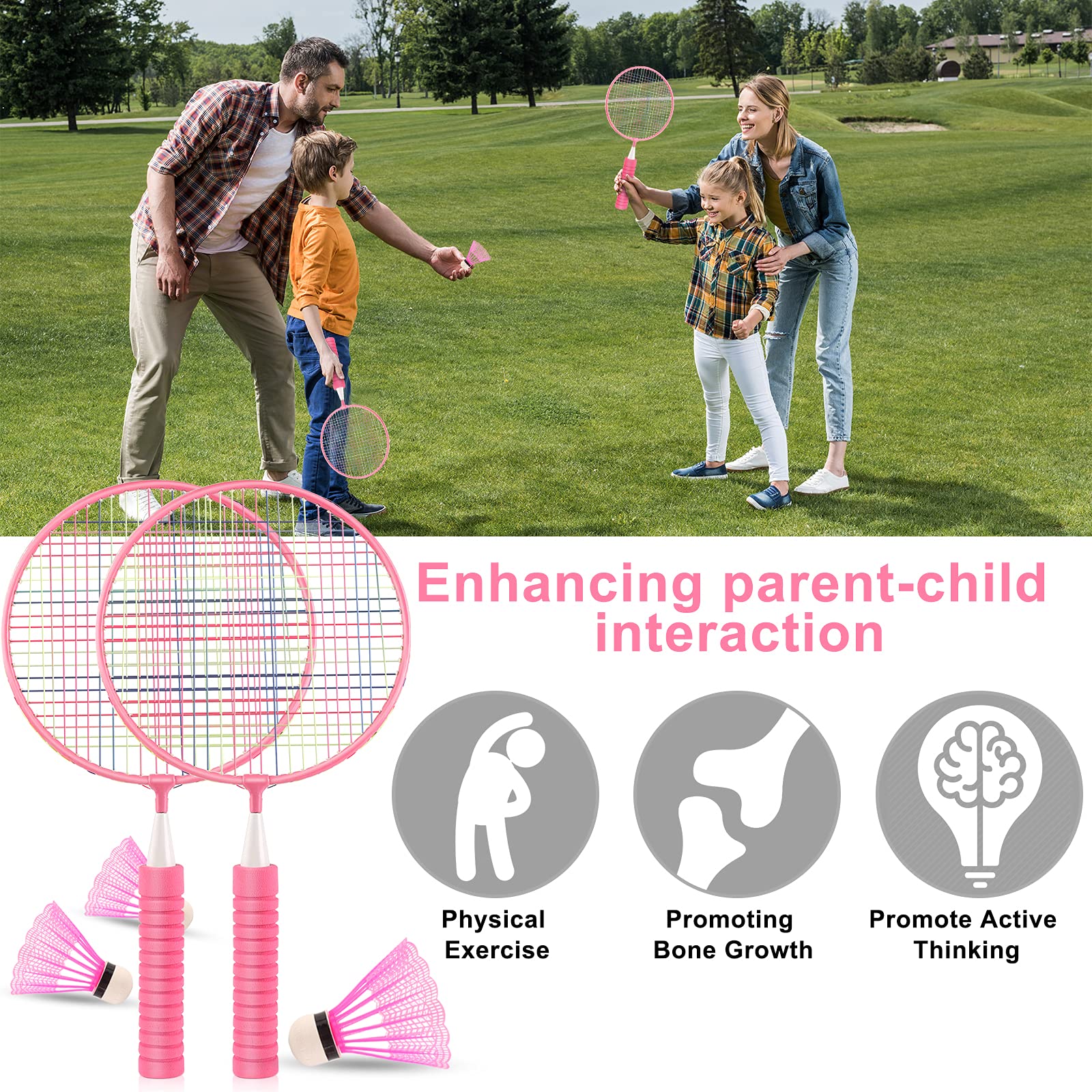 Set da badminton per bambini, resistente, set di racchette da badminton, per attività indoor e attività sportive all'aperto, inclusi 10 badminton e 2 racchette da badminton (rosa)