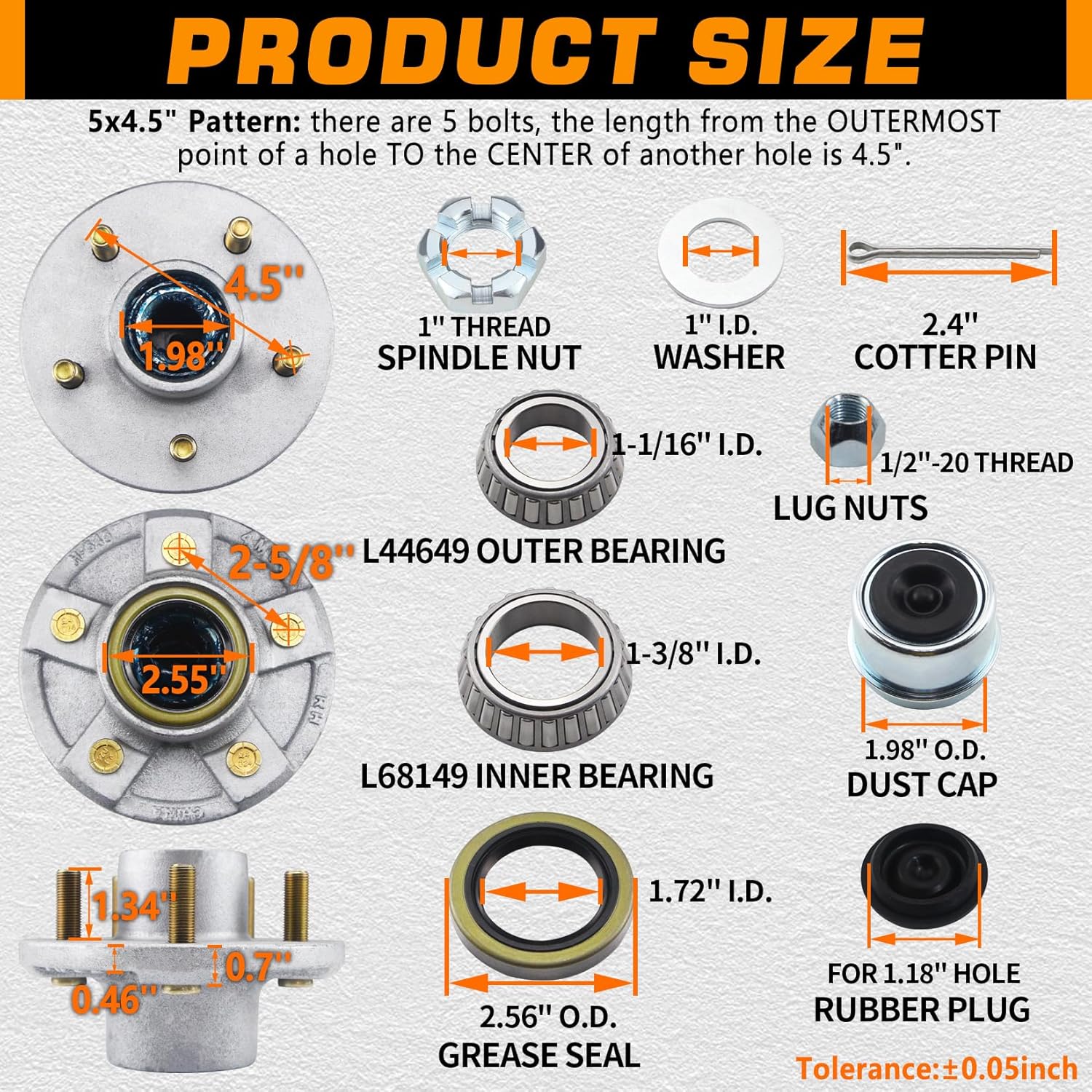 2 Sets Galvanized Trailer Hub Kits 5 on 4.5'' for 3500 lbs 1-1/16'' to 1-3/8'' #84 Tapered Axle, Prelubricated L44649 L68149 Bearings 5x4.5 Trailer Idler Hub 5 Lug Bolt Trailer Wheel Hub Kit