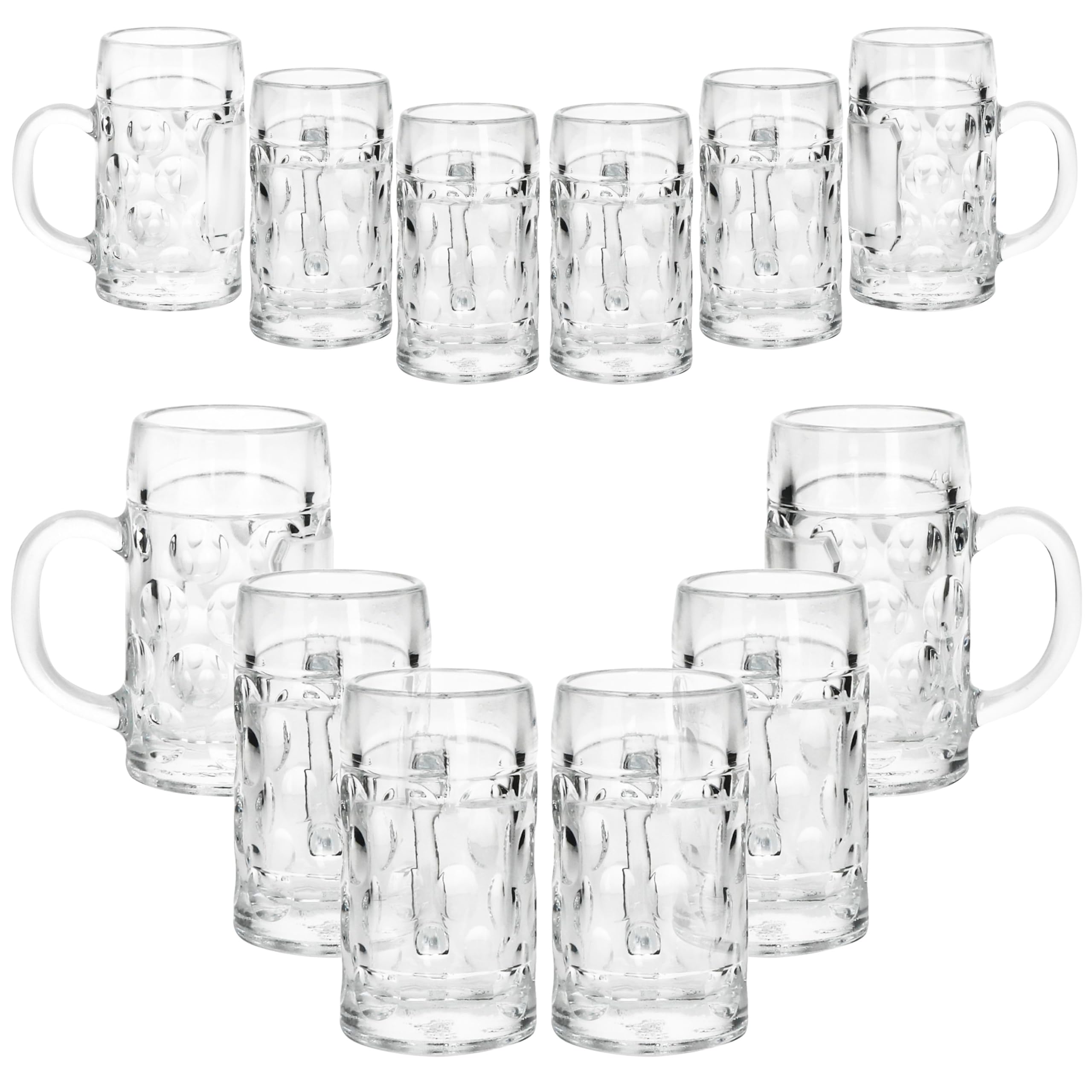 MamboCat Set di 12 mini bicchieri da liquore da 40 ml, calibrati da 4 cl, 12 persone, con mini scudo, manico e rilievo, per vodka, tequila, liquori, ecc