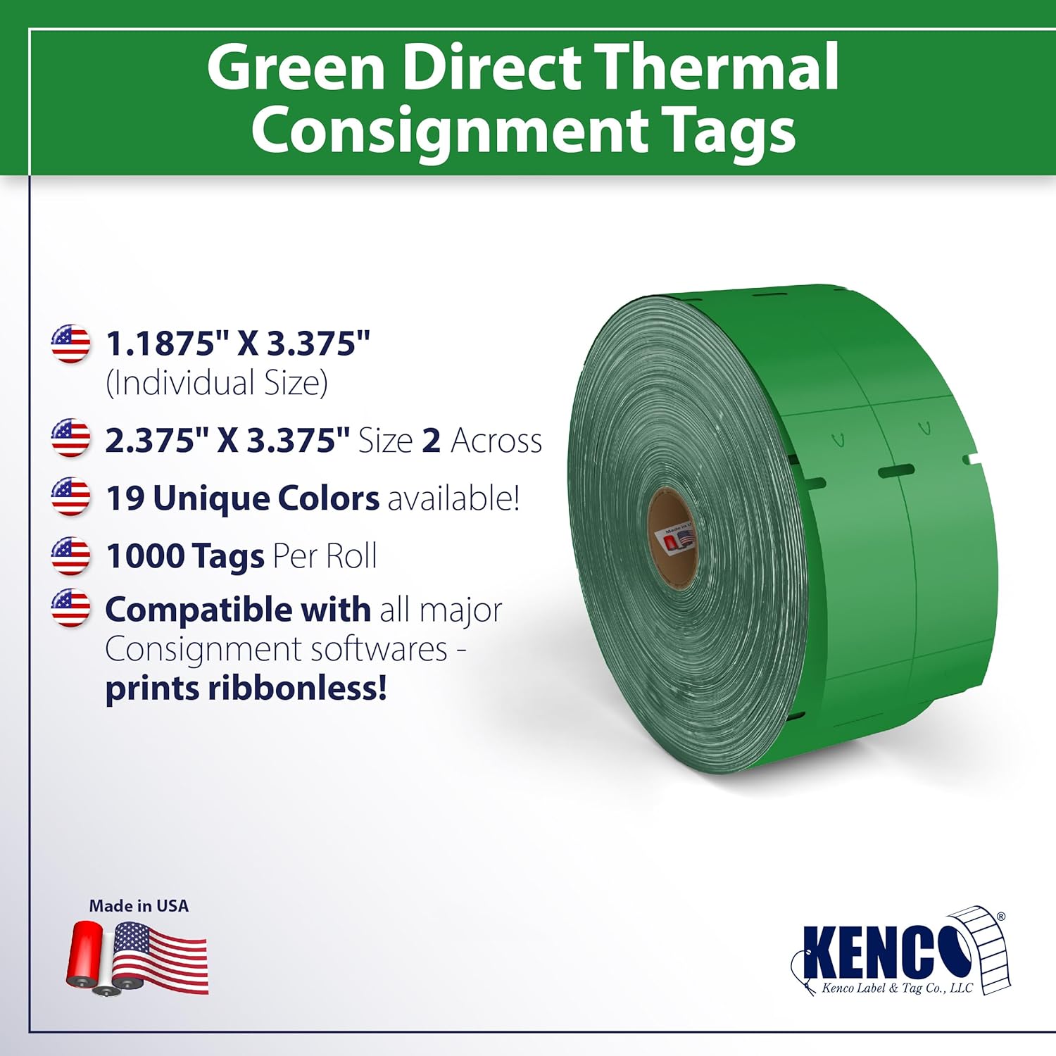 Direct Thermal Consignment Style Tags (Green, 12 Pack 12000 Labels)