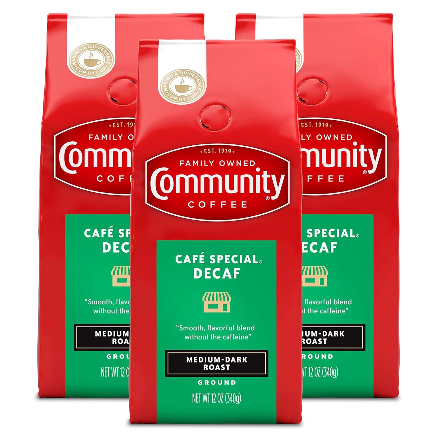 Community Coffee Café Special Decaf 36 Ounces, Medium Dark Roast Ground Coffee, 12 Ounce Bag (Pack of 3)