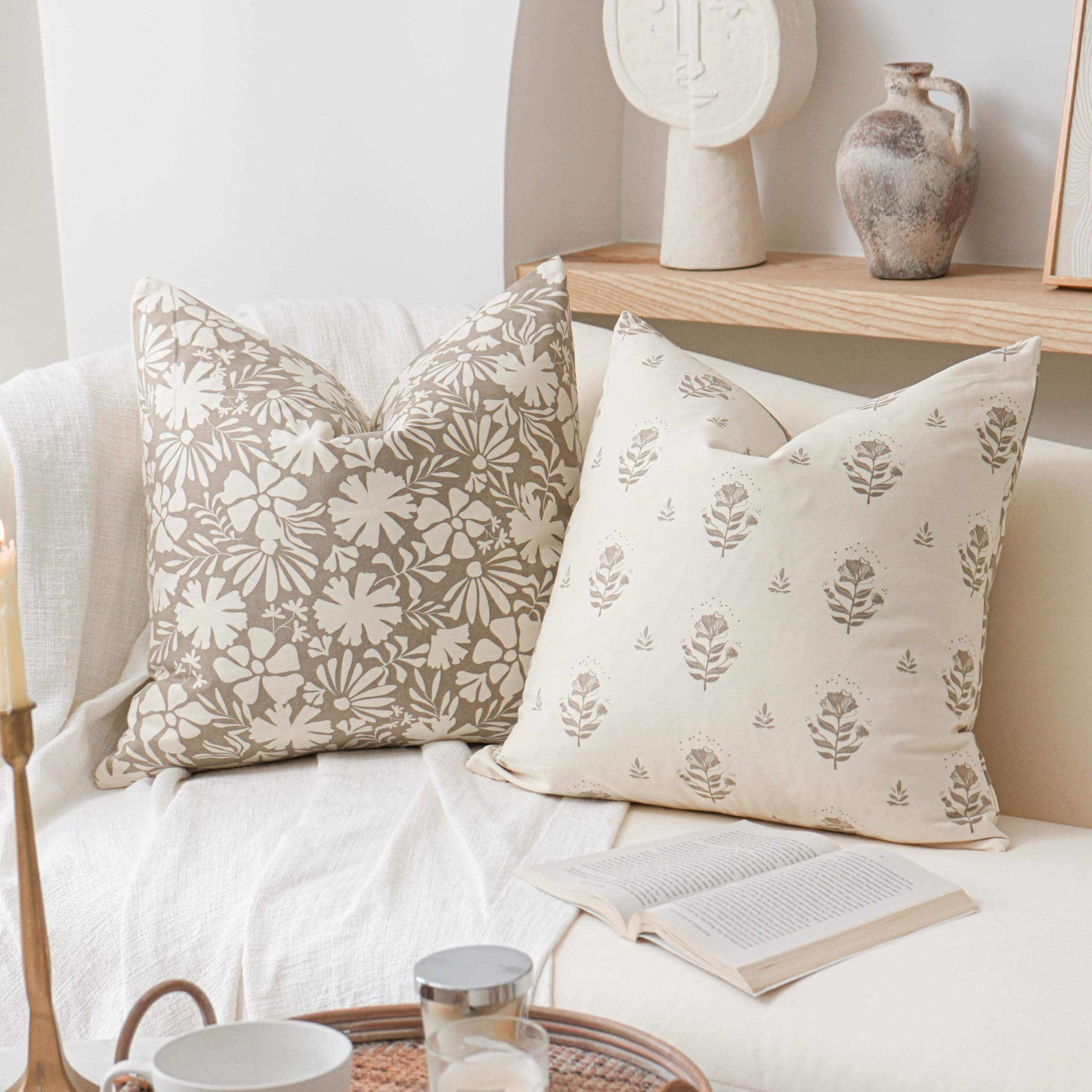 SageSelvas Taupe Decorative Throw Pillow Cover 18x18 Set of 2, Farmhouse Neutral Floral Cotton Accent Throw Pillow for Couch Sofa Living Room, Cover