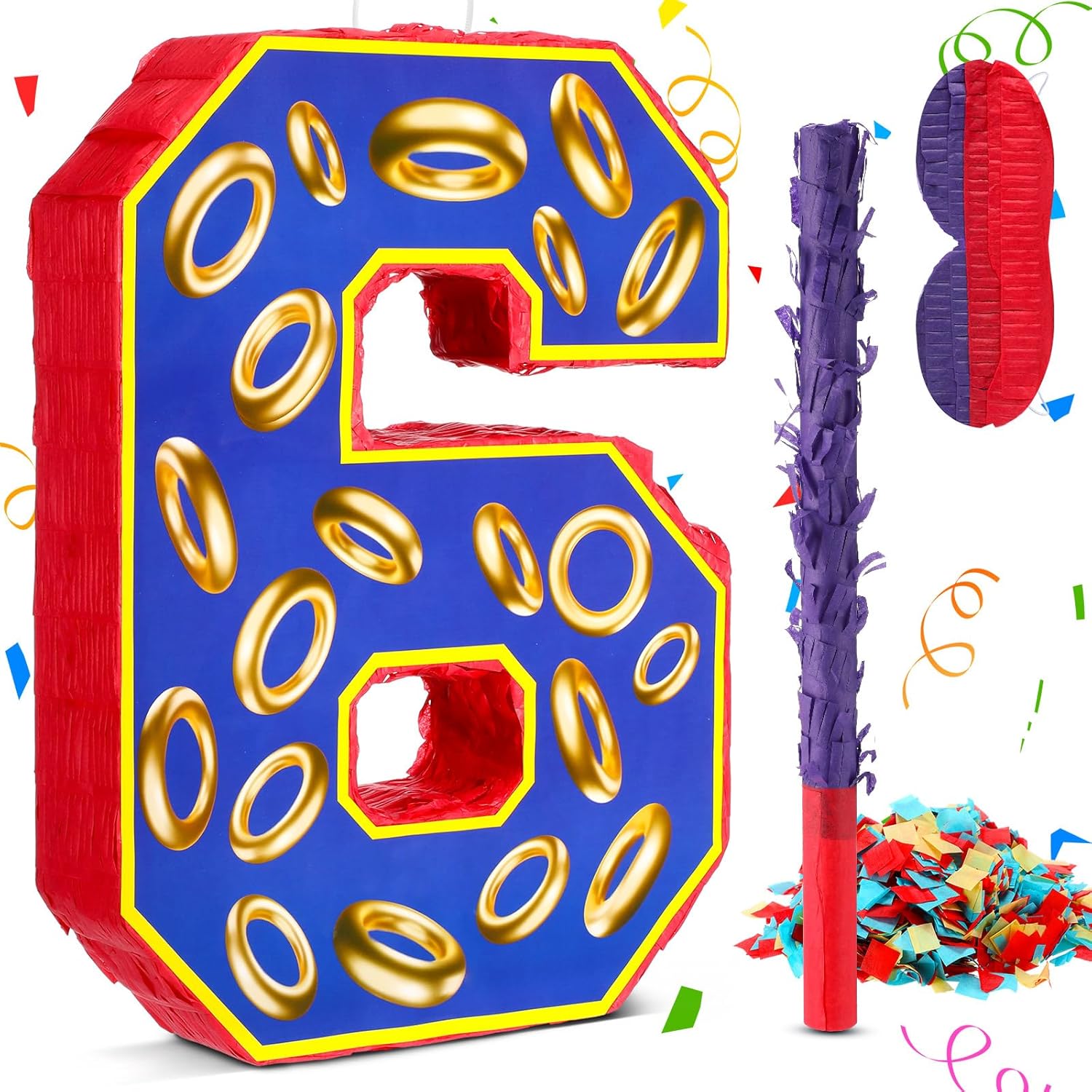 Number 6 Blue and Golden Rings Pinata for Birthday Party Decorations, Blue Golden 6th Birthday Party Favor Supplies, Fiesta, Anniversary Celebration Birthday Pinata with Stick Blindfold Confetti Large