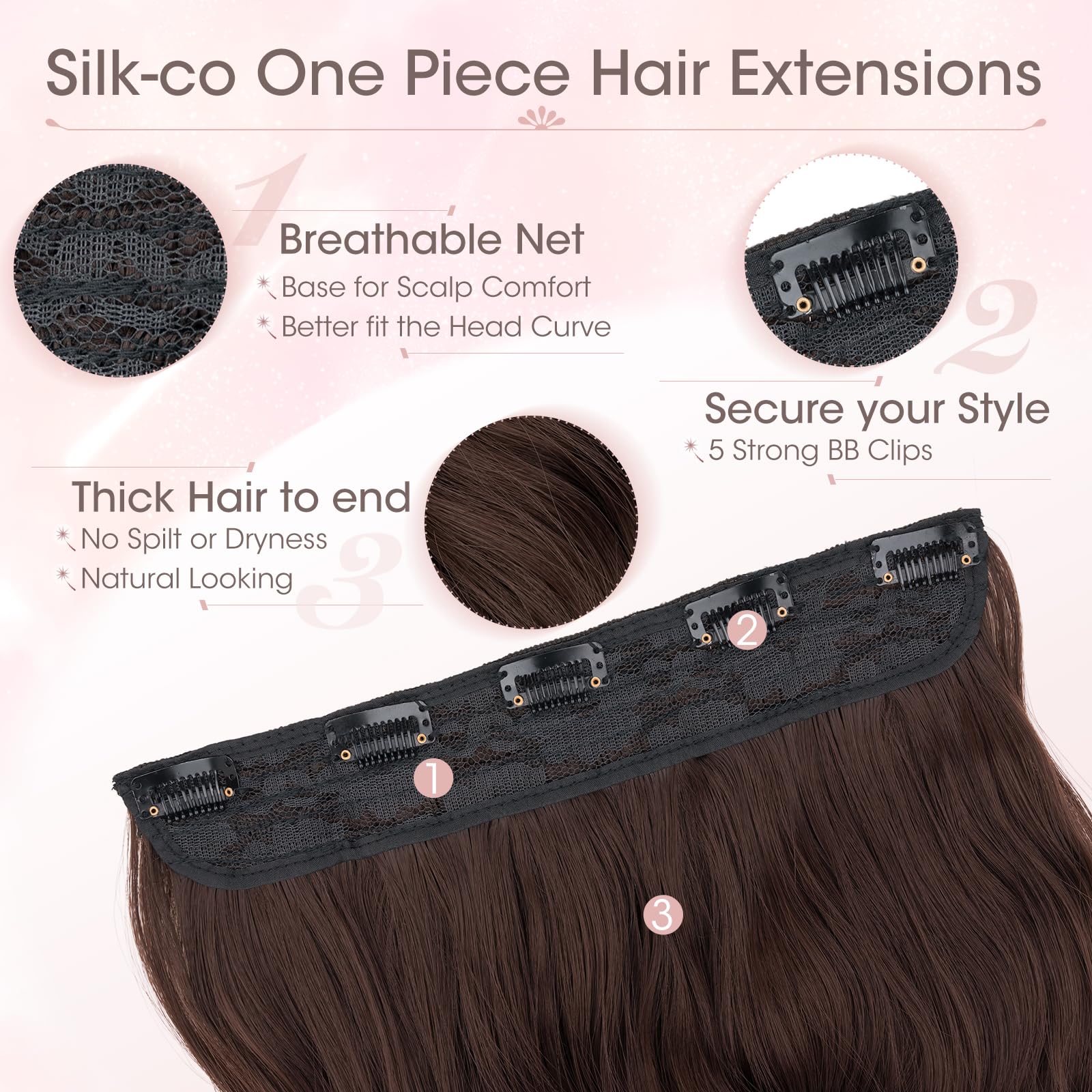 Silk-co One Piece Clip In Hair Extensions Curly 180g Hairpieces 5 Clips Wavy Curly Synthetic 3/4 Half Full Head for Laides and Women 24 Inch(60 cm) Medium Brown - Image 3