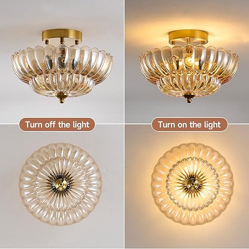Miniatura 9 de Lámpara de techo semiempotrada de 12 pulgadas, 3 luces de cristal vintage con marco de metal dorado, iluminación moderna cerca del techo para