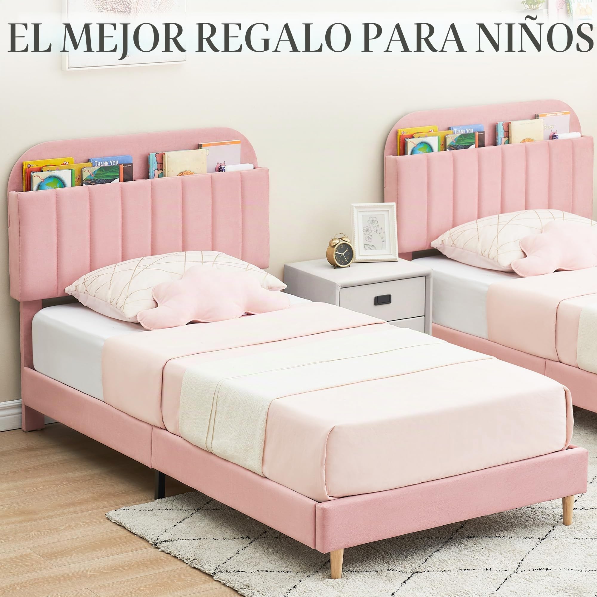Cama Infantil de 90 x 190 cm, Somier de Madera con Almacenamiento, Cama de Suelo con Varias Patas, Cabecero Acolchado, Cama de Asiento Montessori para Habitación Infantil, Niño/Niña, Rosa