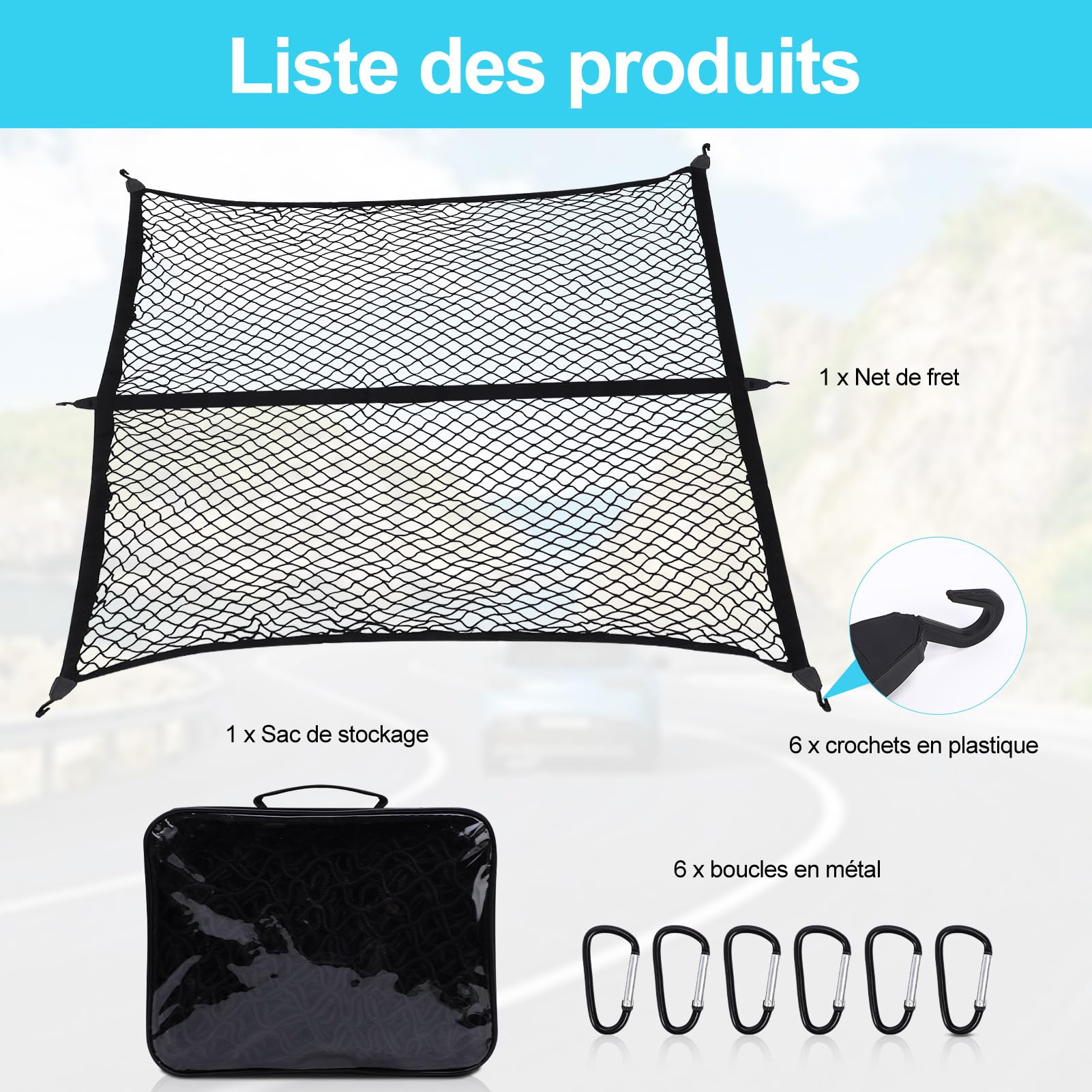 Filet à Bagages Hautement Élastique, 3.9 X 3.9ft Extensible Jusqu'à 6.9 X 6.9ft (Une Couche), Filet à Bagages avec 6 Mousquetons en Acier +Sac de Rangement pour Camionnette SUV, Camions et Caravanes