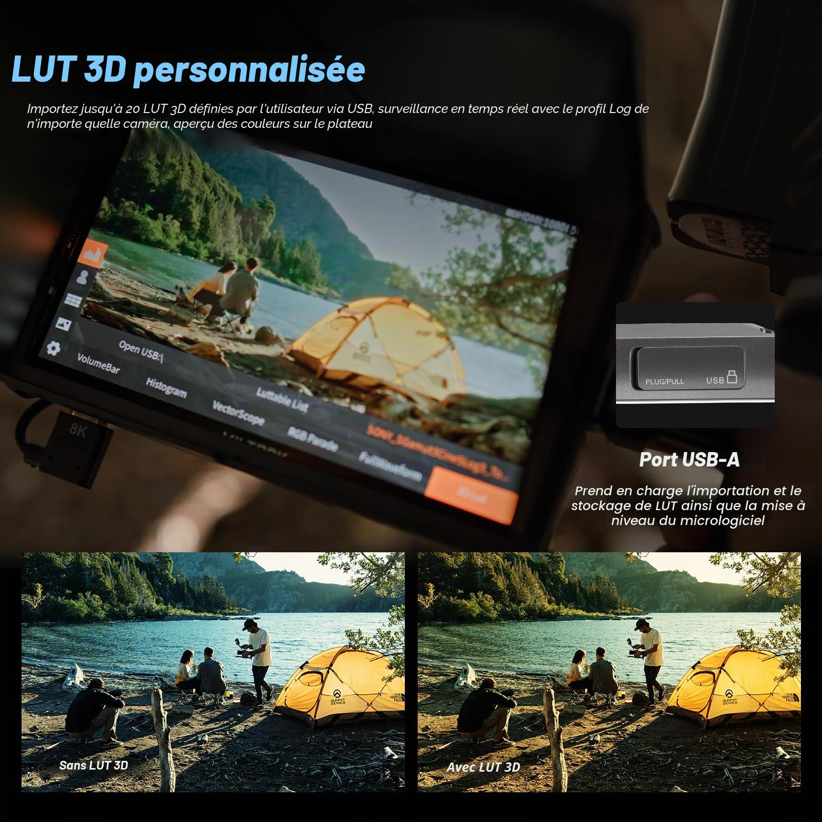 VILTROX DC-A1 Moniteur de Terrain pour Caméra Ecran Tactile,Externe Camera Monitor 2800Nits Haute Luminosité 7 Pouces 1920x1080 3D LUT avec Ventilateur,Batterie,Pare-Soleil pour Sony Canon Nikon Fuji
