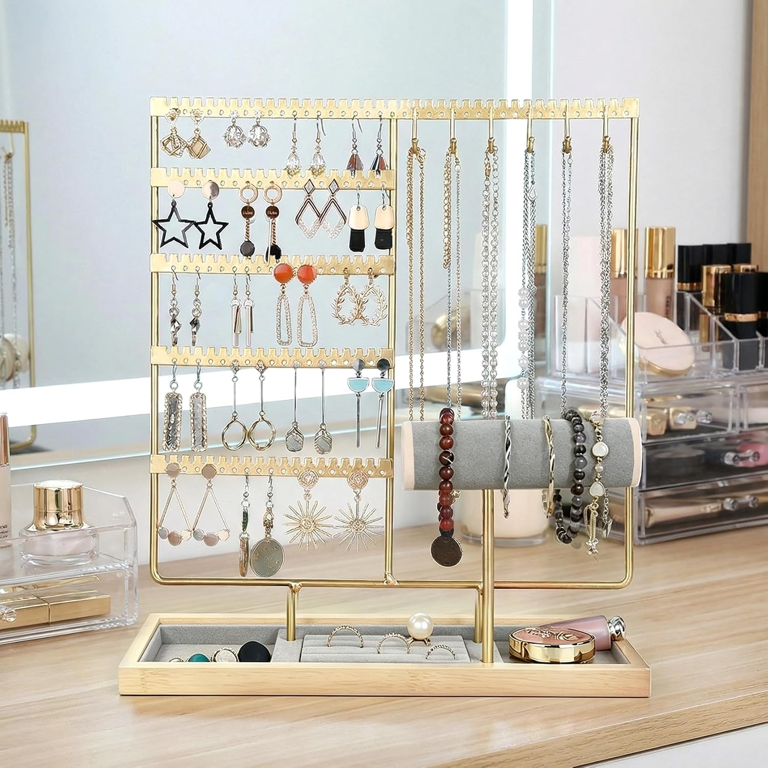 Jewelry Organizer Earring Holder Organizer,6 Tier Jewelry Holder Bracelet Holder Necklace Holder with 6 Hooks,Jewelry Stand for Bracelet, Necklaces, Earrings, Rings, Watches,Gold