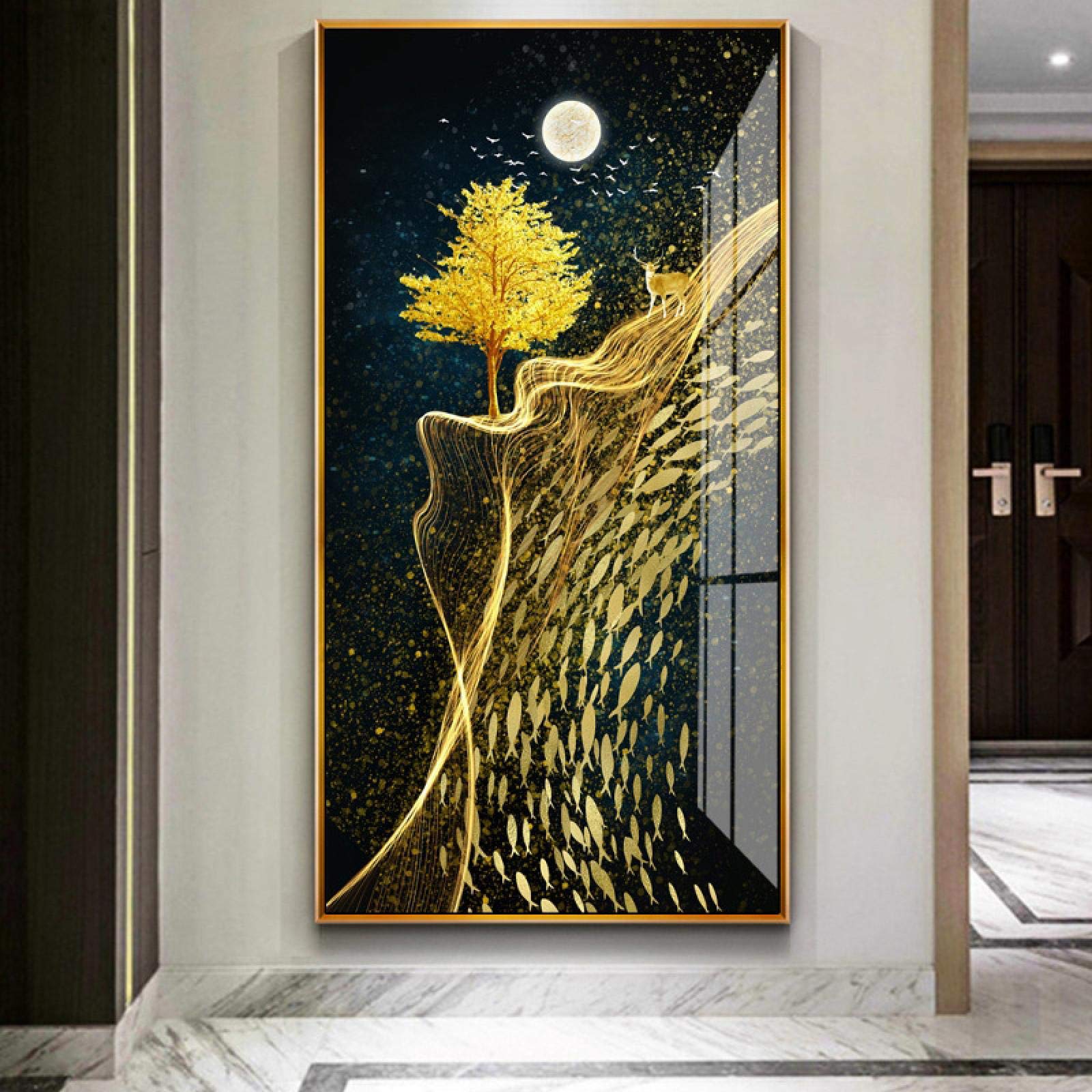 Peinture abstraite cerf or éclatant pour salon moderne chic