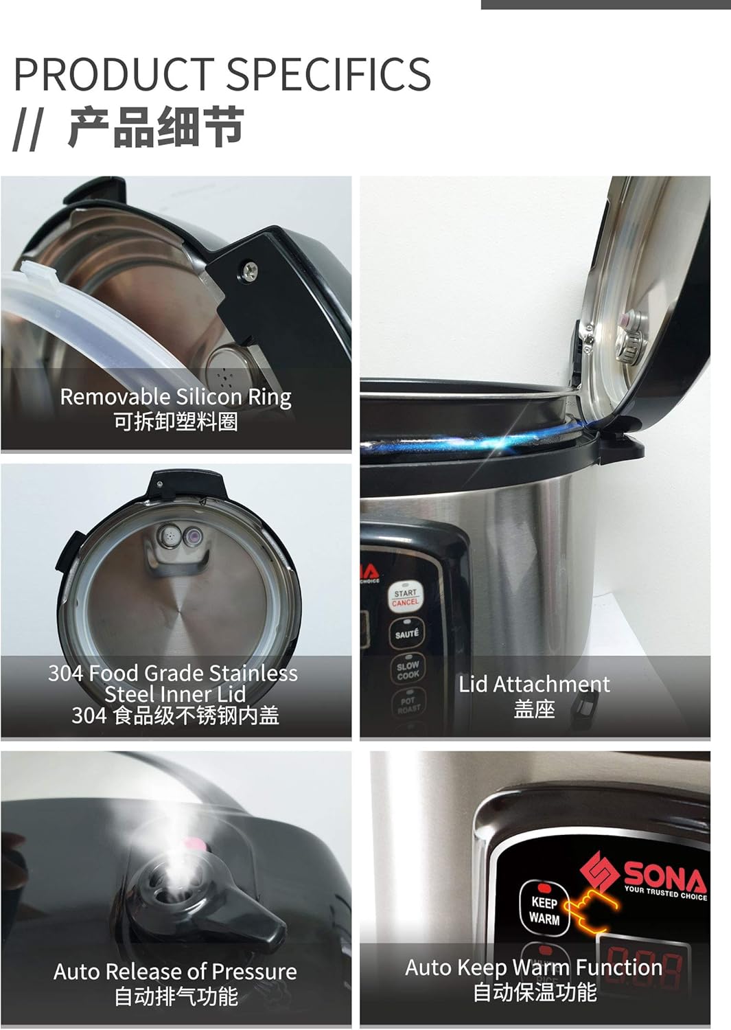 Detailed view of pressure cooker components: silicon ring, inner lid, lid attachment, pressure release, keep warm function