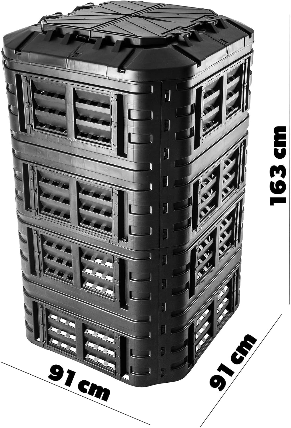 Diagram showing the dimensions of the KADAX Modular Composter: 91 cm width, 91 cm depth, 163 cm height.