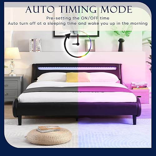 Miniatura 5 de Base de cama de plataforma tapizada moderna tamaño Queen con cabecero de luces LED, marco de cama de piel sintética con forma de ondas, aporta una