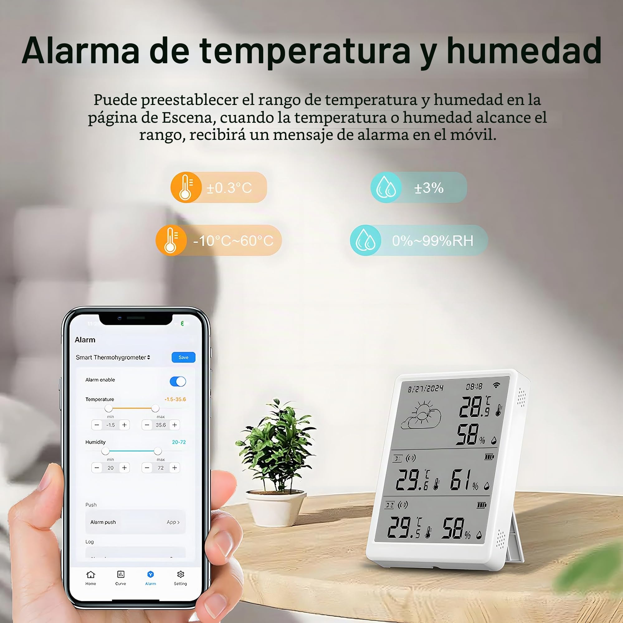 Termómetro higrómetro WiFi, sensor de temperatura y humedad por aplicación, alcance de 100 m, compatible con Alexa (4 sensores + estación base)