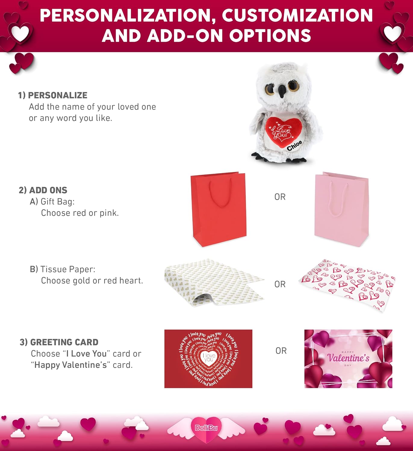 DolliBu I Love You Valentine Plush Big Eye Owl Bird - Cute Stuffed Animal with Red Heart and Name Personalization Gift for Valentines Day, Birthday, Anniversary, Romantic Date - 9 Inches