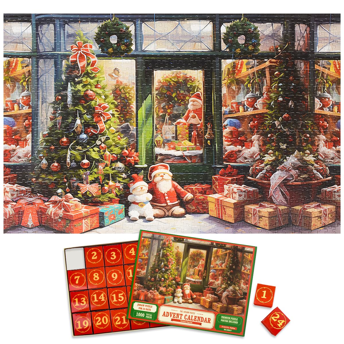 Christmas Advent Calendar 2025 Jigsaw Puzzles - Christmas Shop 1000 Pieces Holiday Puzzles for Kids and Adults, 70 cm x 50 cm, 24 Boxes Puzzle Countdown Calendar to Christmas Family Toys Gift