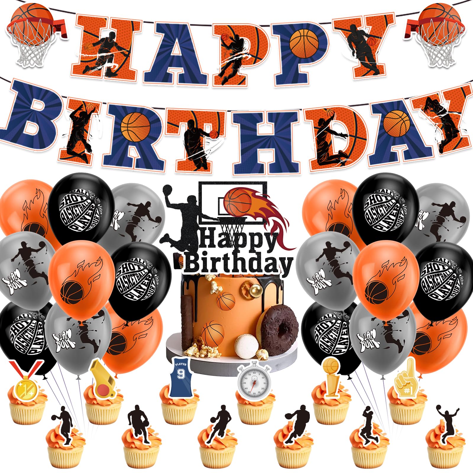 33-Piece Basketball Party Supplies Set | Happy Birthday Banner, Balloons, Cake Toppers | Perfect Basketball Party Decorations for Boys and Girls