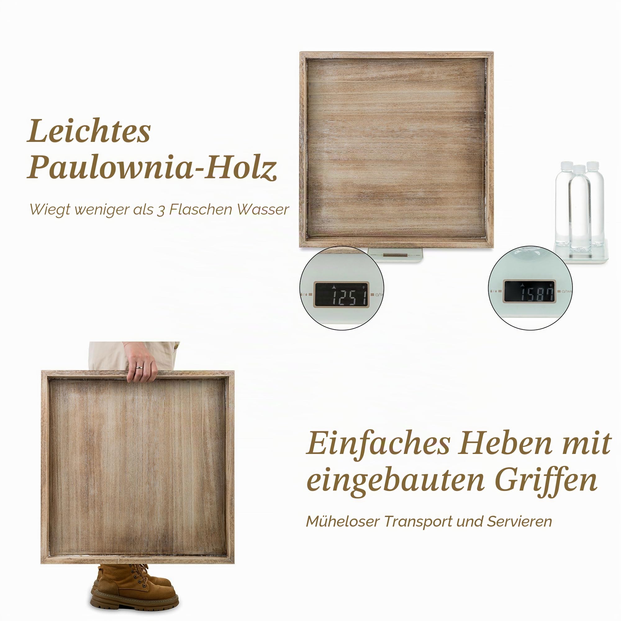 Hanobe Tablett Serviertablett Holztablett Groß: Vintage Gross Holz Dekotablett mit Griff Henkel XXL 50 cm für Tisch Küche - Braun Quadratisch Deko Tabletts für Bett Couch