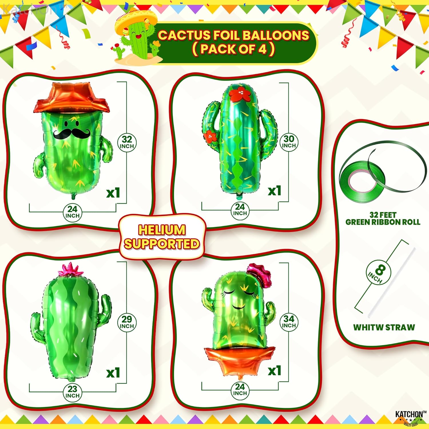 KatchOn, Cactus Balloons for Cactus Party Decorations - Large 34 Inch, Pack of 4 | Cinco de Mayo Balloons, Fiesta Balloon for Cactus Decor | Mexican Party Decorations, Taco Tuesday Décor