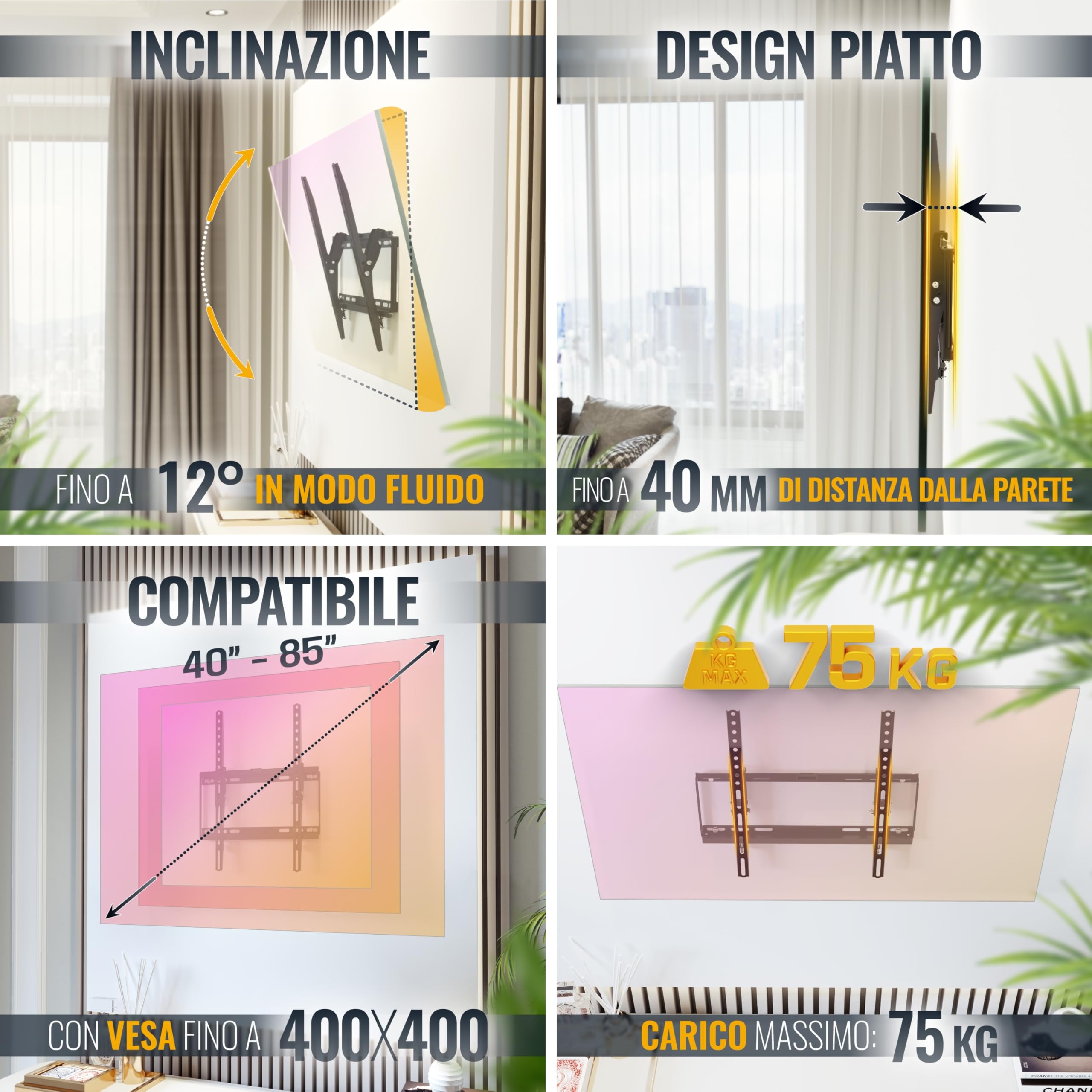 RICOO Supporto TV parete N1944 40-85 pollici 81-165 cm Staffa televisore Inclinabile Fisso Porta televisione universale VESA 200 x 200-400 x 400 Nero